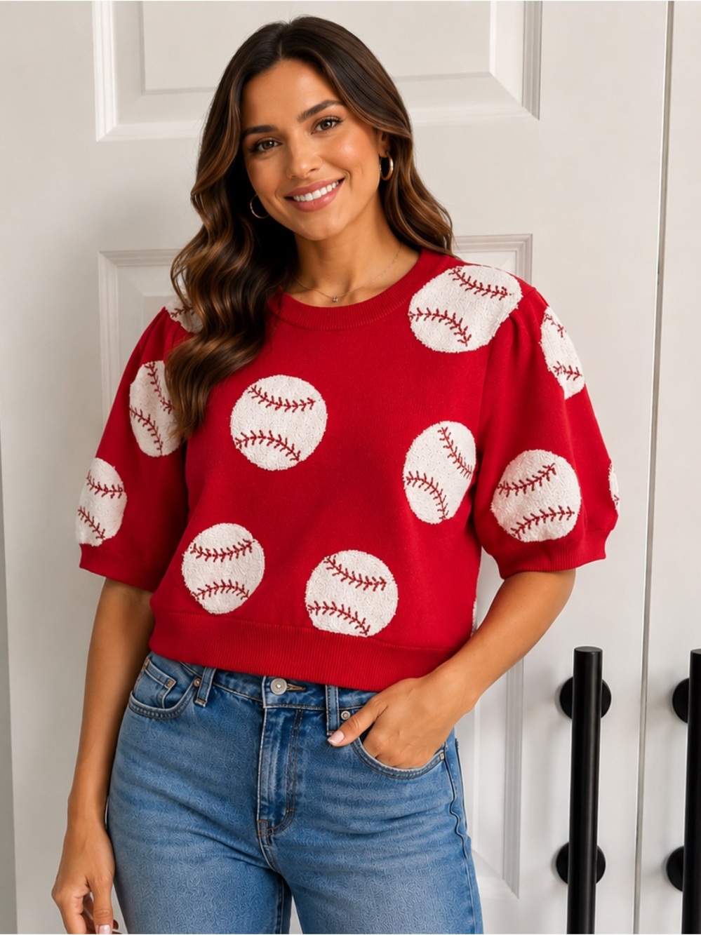 Red Baseball sequin Print‎ Short-Sleeve Sweater Top small